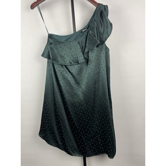 Madewell Emerald Green Silk One Shoulder Ruffle Dotted Mini Lined Dress Size 0 - Picture 1 of 7